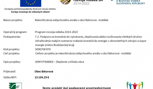 Rekonštrukcia oddychového areálu v obci Bátorová - mobiliár Program rozvoja vidieka 2014 - 2022