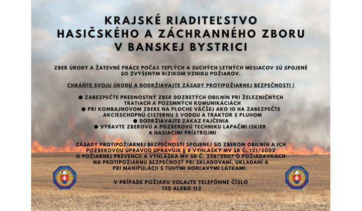 Informácie o zvýšenom nebezpečenstve vzniku požiaru pri žatevných prácach