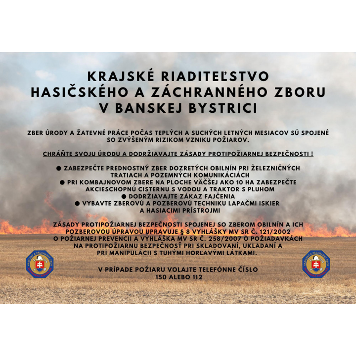 Informácie o zvýšenom nebezpečenstve vzniku požiaru pri žatevných prácach